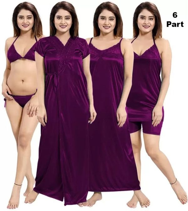 6 Pieces Satin Night Dress Set