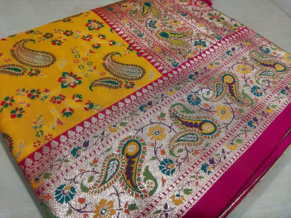 অরিজিনাল ইন্ডিয়ান কাস্মীরী সিল্ক শাড়ি 🌸 (হলুদ)